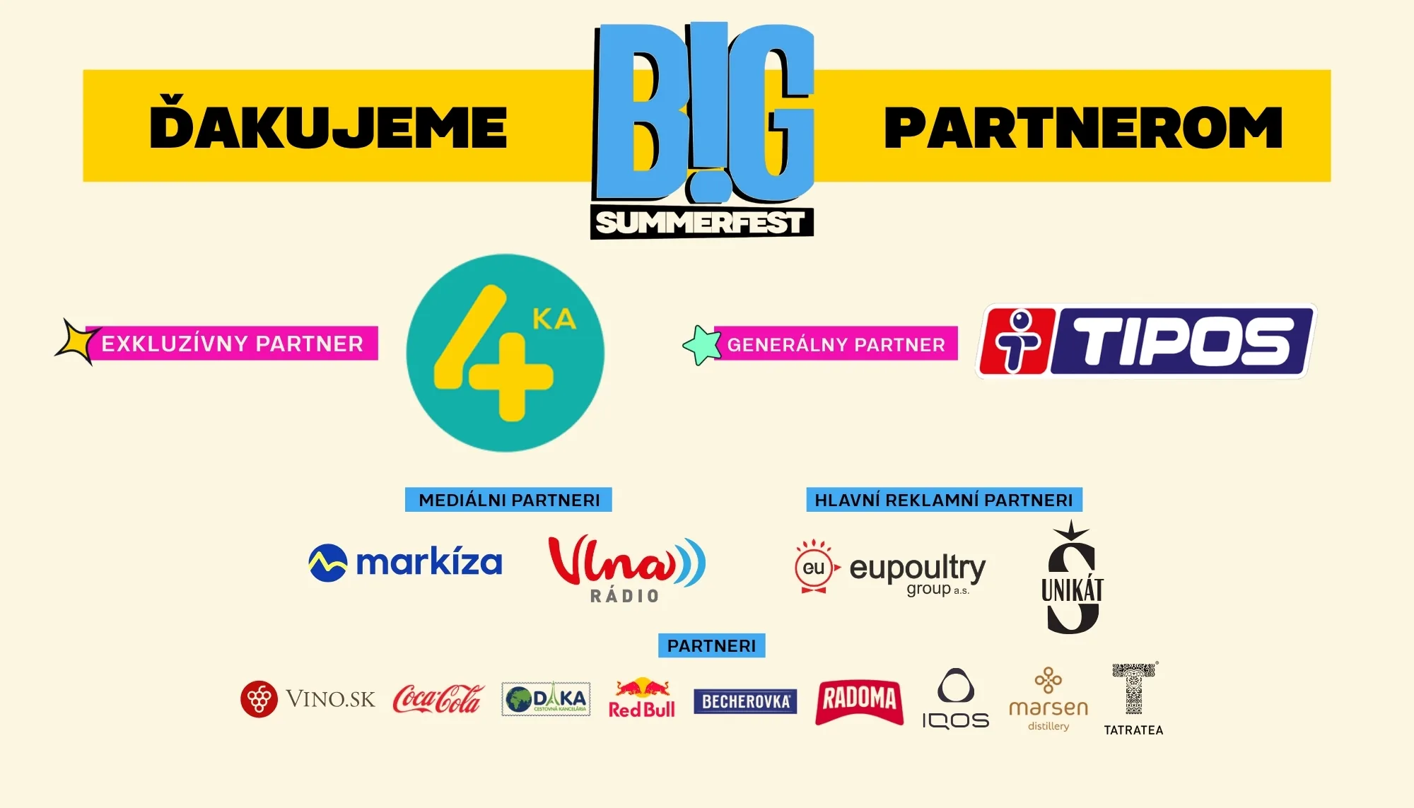 Ďakujeme partnerom BIG SUMMER FEST 2026 – exkluzívny partner 4ka, generálny partner TIPOS, mediálni partneri Markíza a Rádio Vlna, hlavní reklamní partneri Eupoultry group a Unikát, partneri Vino.sk, Coca-Cola, DAKA cestovná kancelária, Red Bull, Becherovka, Radoma, IQOS, Marsen distillery a Tatratea